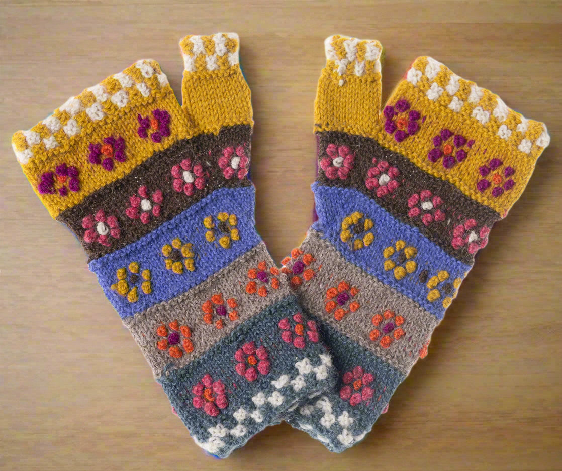 Handmade Alpaca Wool Fingerless Gloves - Floral Pattern in Vibrant Multicolor | Aqpaca