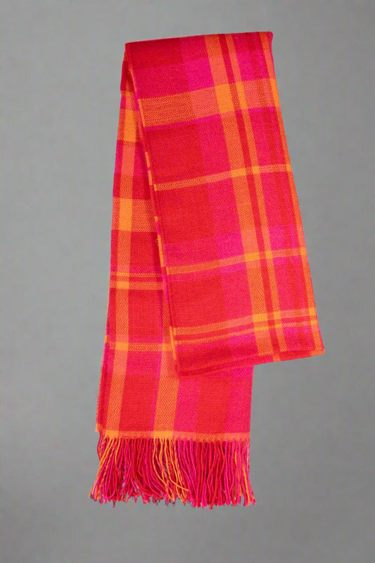 Handwoven Alpaca Wool Scarf – Rose and Orange Plaid, Sustainable Luxury Accessory