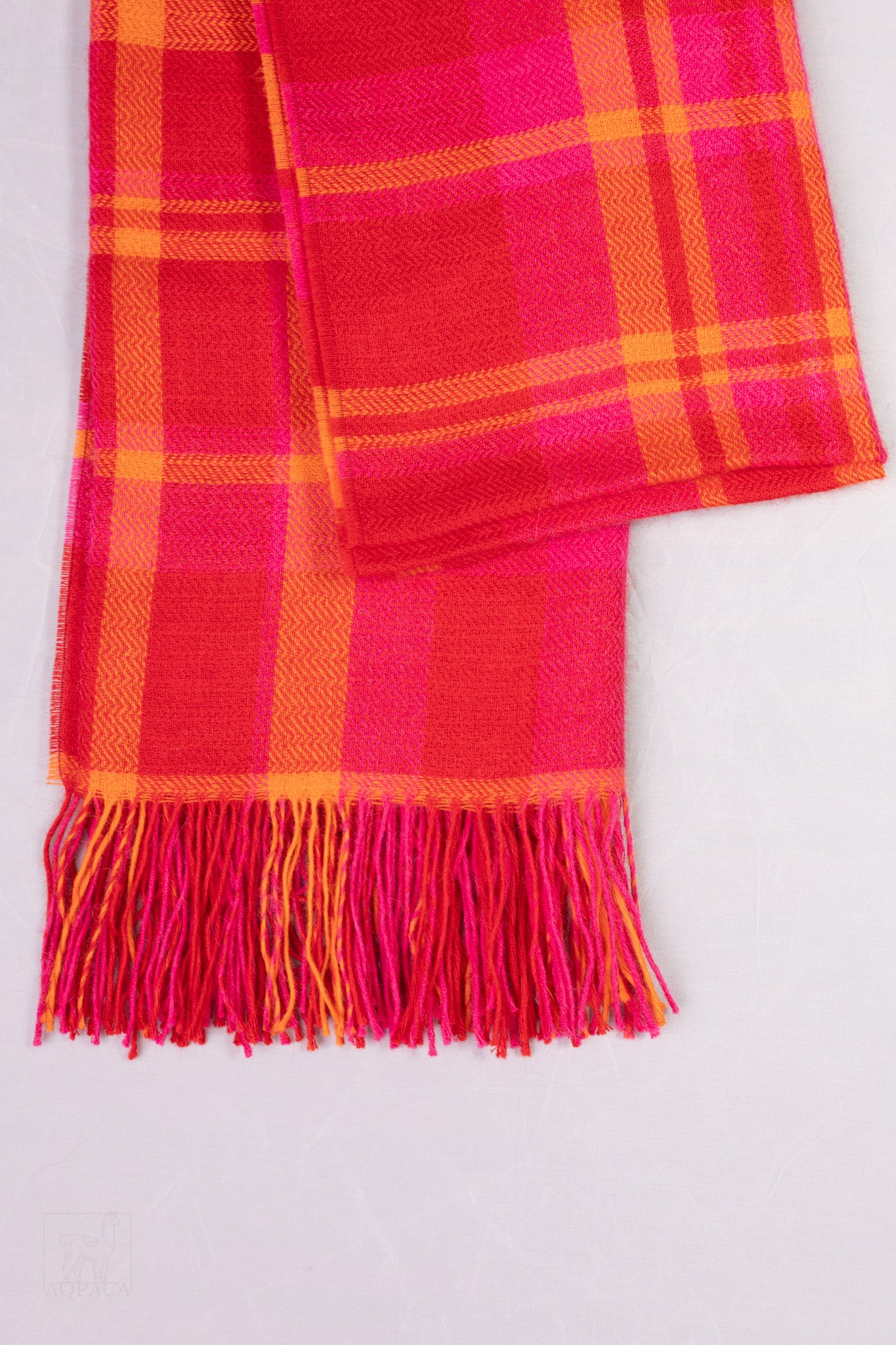 Handwoven Alpaca Wool Scarf – Rose and Orange Plaid, Sustainable Luxury Accessory