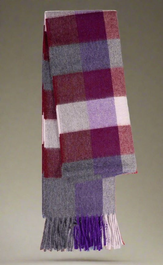 Elegant Plaid Premium Alpaca Wool Scarf in Burgundy, Purple, and Gray with Fringe