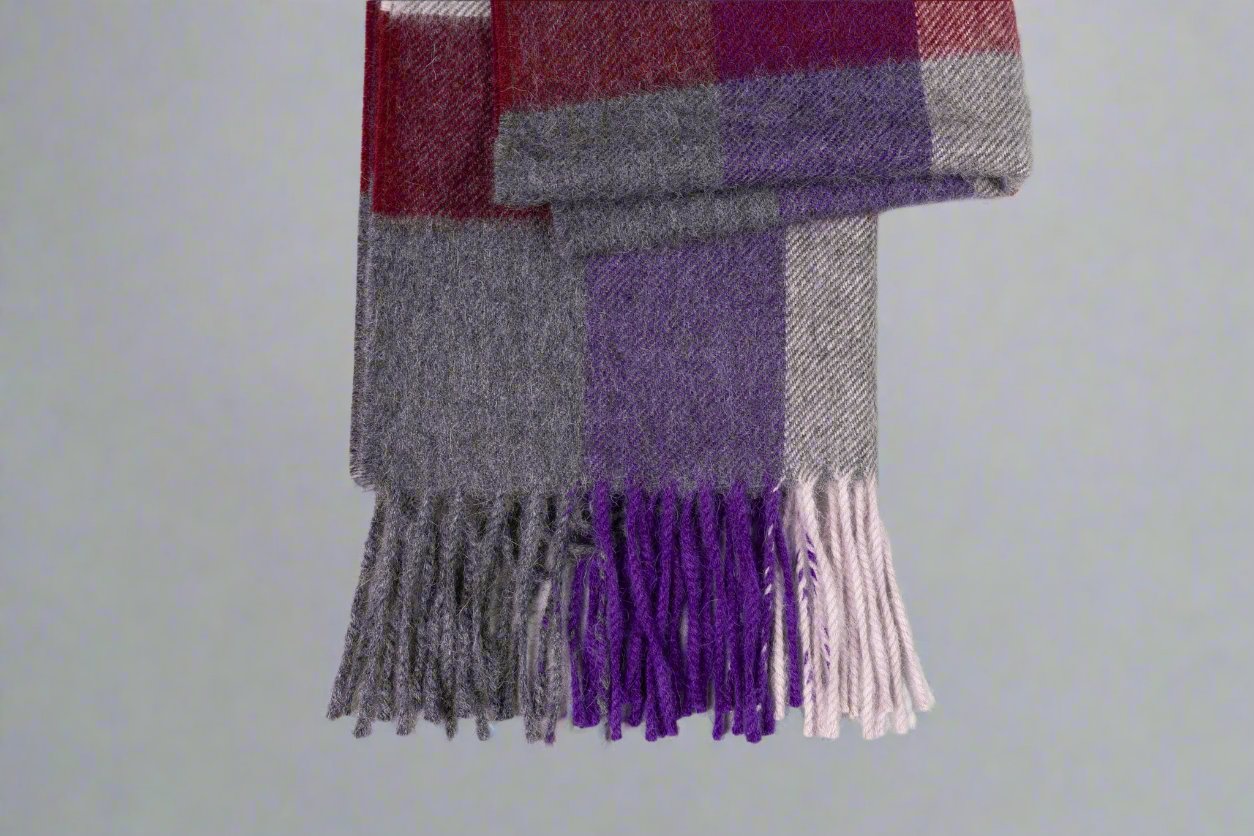 Elegant Plaid Premium Alpaca Wool Scarf in Burgundy, Purple, and Gray with Fringe