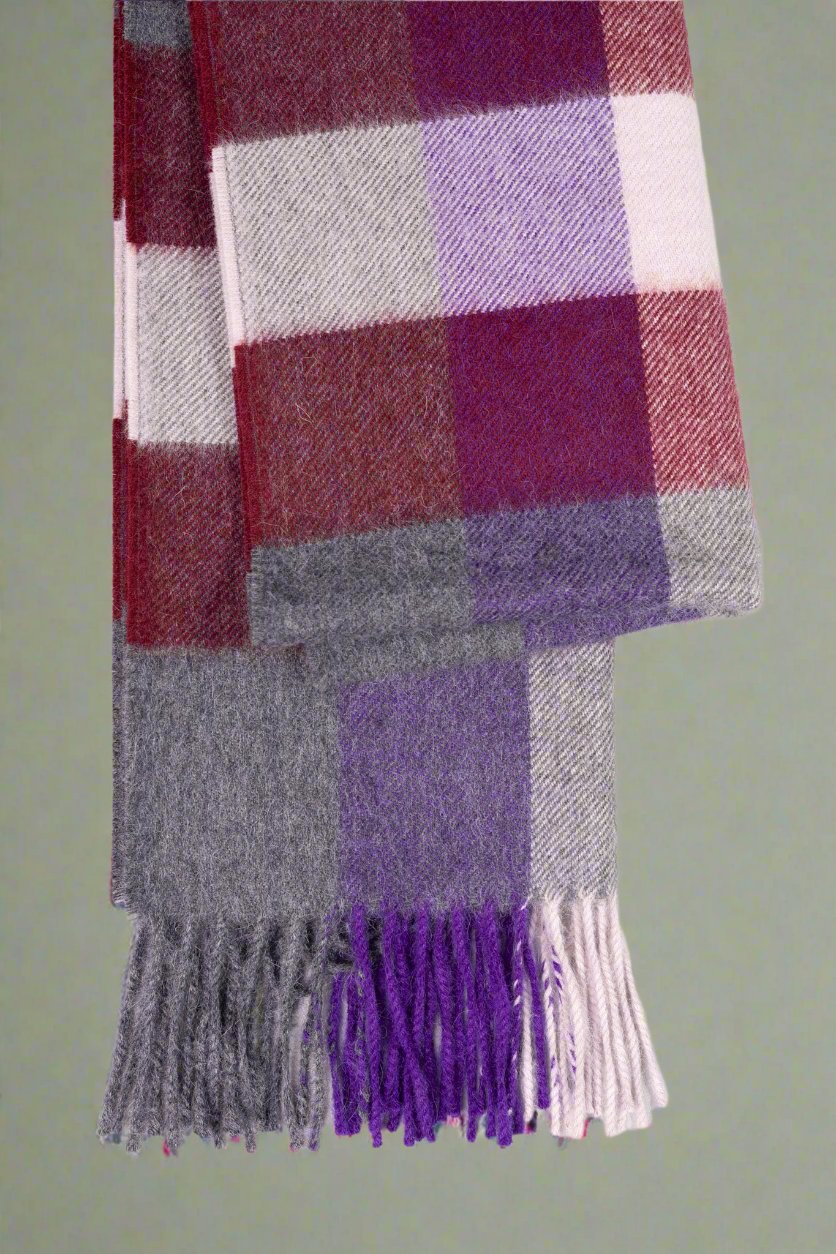 Elegant Plaid Premium Alpaca Wool Scarf in Burgundy, Purple, and Gray with Fringe