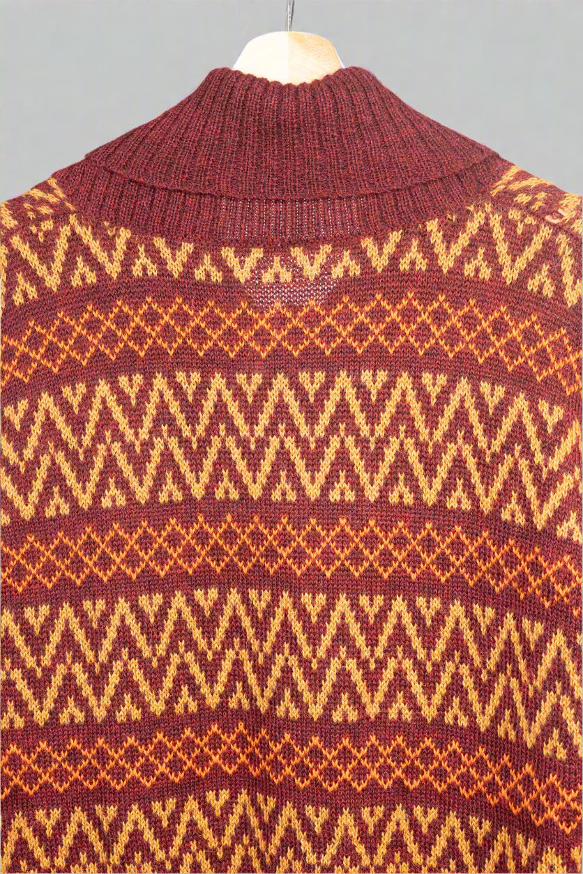 Premium Alpaca Wool Sweater - Shawl Collar with Red and Yellow Andean-Inspired Geometric Pattern | Aqpaca