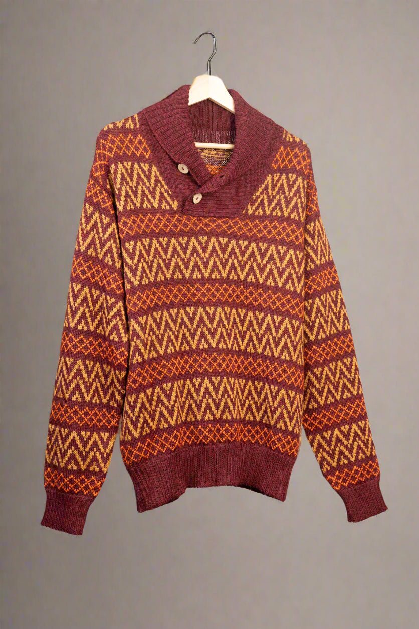 Premium Alpaca Wool Sweater - Shawl Collar with Red and Yellow Andean-Inspired Geometric Pattern | Aqpaca