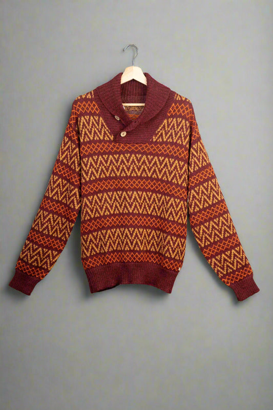 Premium Alpaca Wool Sweater - Shawl Collar with Red and Yellow Andean-Inspired Geometric Pattern | Aqpaca