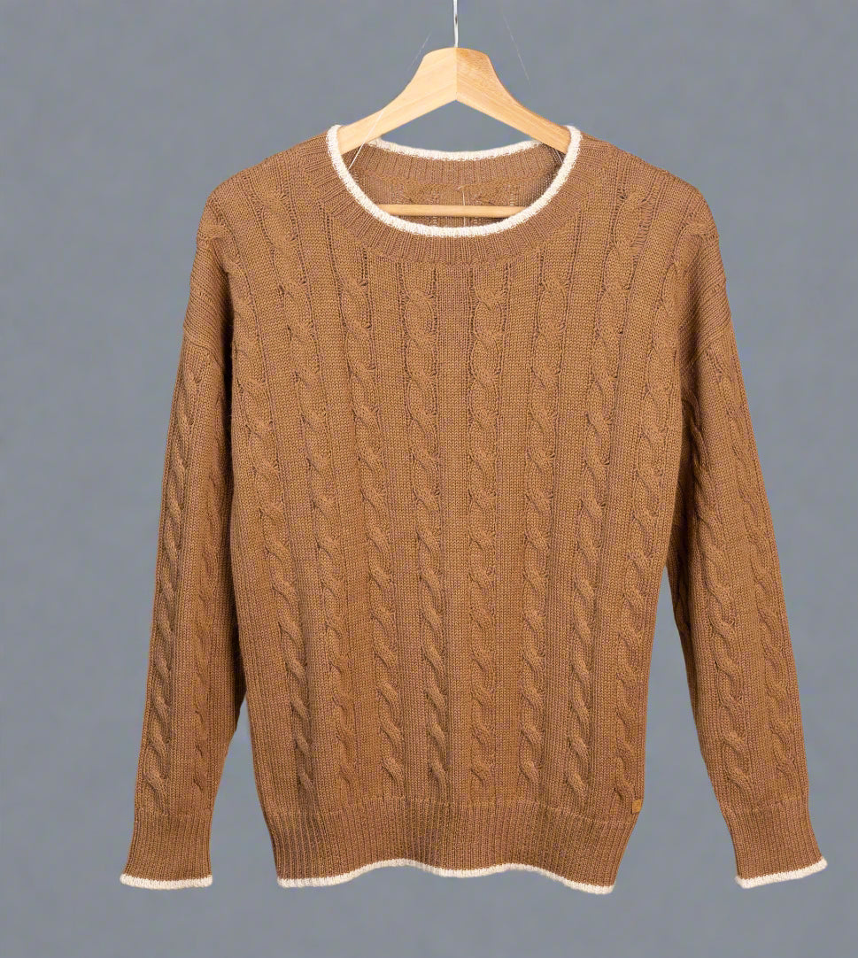 Classic Cable Knit 100% Baby Alpaca Wool Sweater – Warm Earth Tone