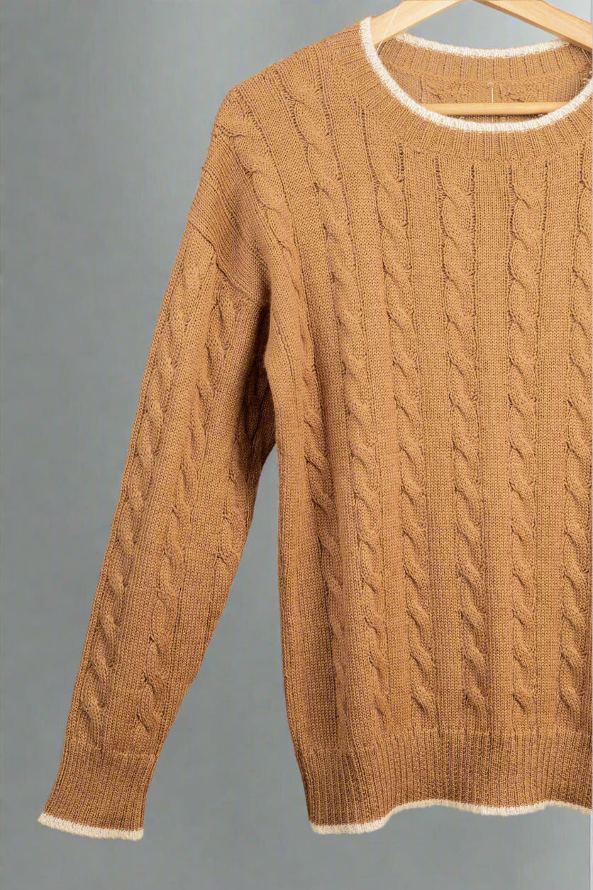 Classic Cable Knit 100% Baby Alpaca Wool Sweater – Warm Earth Tone